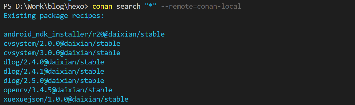 搜索仓库中包含的项目：conan search "*" --remote=conan-local
